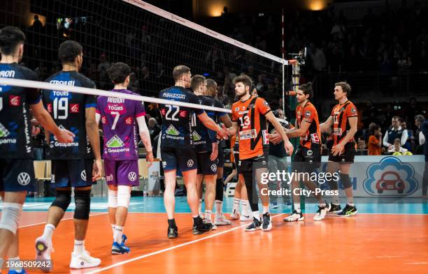 The players of BR Volleys and Tours VB shake hands during their Volleyball Champions League match on January 31, 2024 in Berlin, Germany.