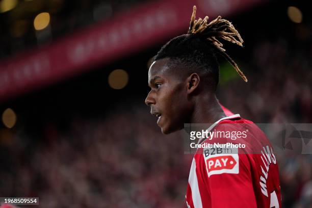 Nico Williams Left Winger of Athletic Club and Spain reacts during the Copa del Rey match between Athletic Club and FC Barcelona at San Mames Stadium...