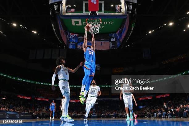 Kenrich Williams of the Oklahoma City Thunder dunks the ball during the game against the Minnesota Timberwolves on January 29, 2024 at Paycom Arena...