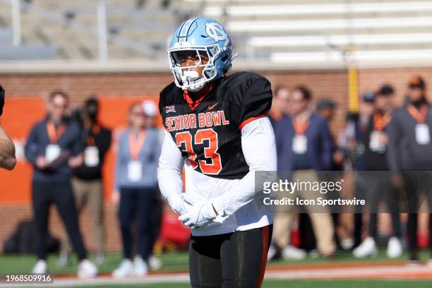 National linebacker Cedric Gray of North Carolina during the National team practice for the Reese's Senior Bowl on January 31, 2024 at Hancock...