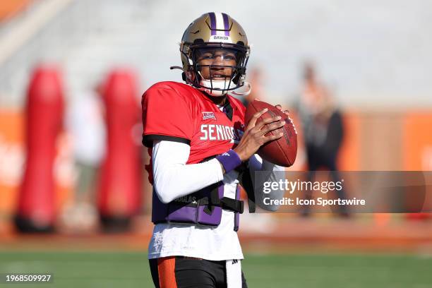 National quarterback Michael Penix Jr. Of Washington during the National team practice for the Reese's Senior Bowl on January 31, 2024 at Hancock...