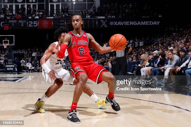 St. John's Red Storm guard Daniss Jenkins handles the ball during a college basketball game against the Xavier Musketeers on January 31, 2024 at...