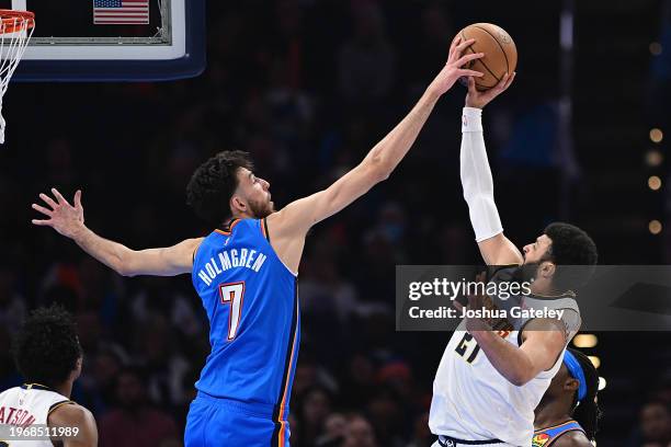 Chet Holmgren of the Oklahoma City Thunder blocks the shot of Jamal Murray of the Denver Nuggets during the first half at Paycom Center on January...