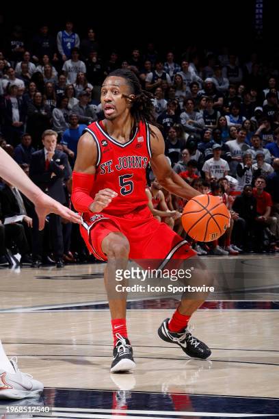 St. John's Red Storm guard Daniss Jenkins handles the ball during a college basketball game against the Xavier Musketeers on January 31, 2024 at...
