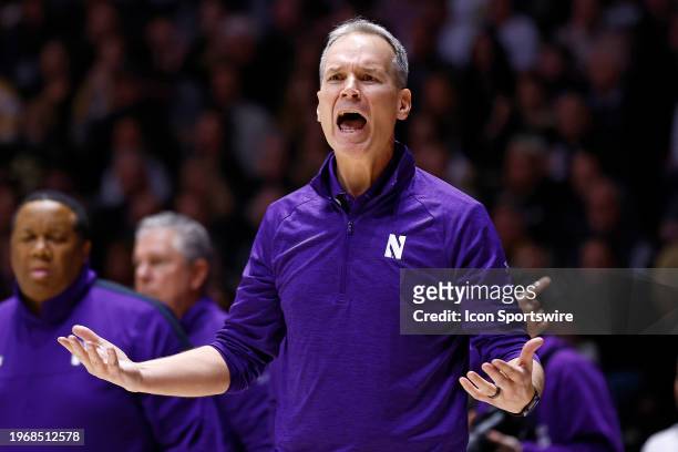 Northwestern Wildcats head coach Chris Collins reacts tot he call during a men's college basketball game between the Northwestern Wildcats and the...