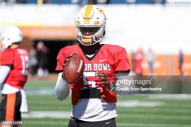 American quarterback Joe Milton III of Tennessee during the American Team practice for the Reese's Senior Bowl on January 31, 2024 at Hancock Whitney...