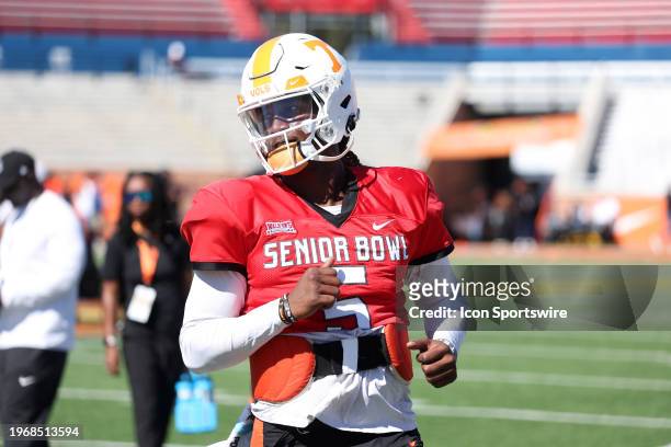 American quarterback Joe Milton III of Tennessee during the American Team practice for the Reese's Senior Bowl on January 31, 2024 at Hancock Whitney...
