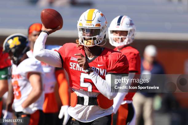 American quarterback Joe Milton III of Tennessee during the American Team practice for the Reese's Senior Bowl on January 31, 2024 at Hancock Whitney...