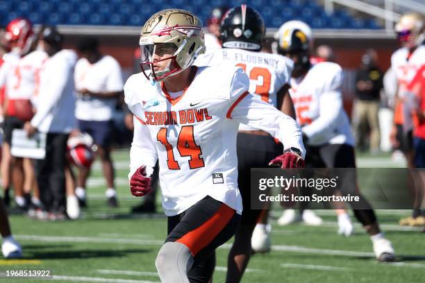 American wide receiver Johnny Wilson of Florida State during the American Team practice for the Reese's Senior Bowl on January 31, 2024 at Hancock...