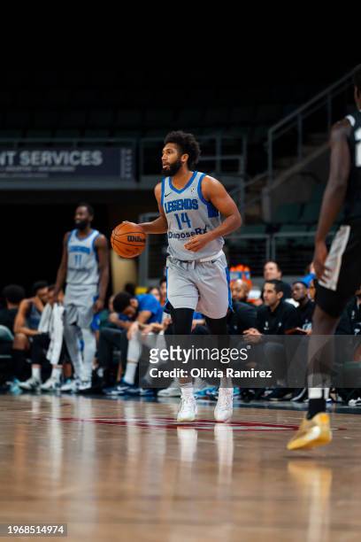 Tyler Hall of the Texas Legends dribbles during the game against the Austin Spurs on January 31, 2024 at H-E-B Center at Cedar Park in Cedar Park,...