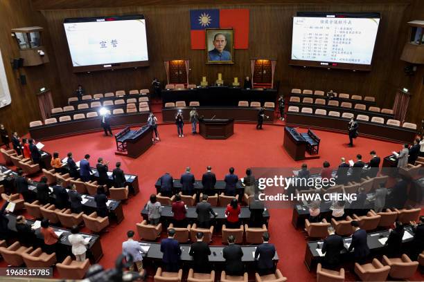 Elected Legislators attend a swearing-in ceremony at the chamber of the Legislative Yuan on the first day of session in Taipei on February 1, 2024.