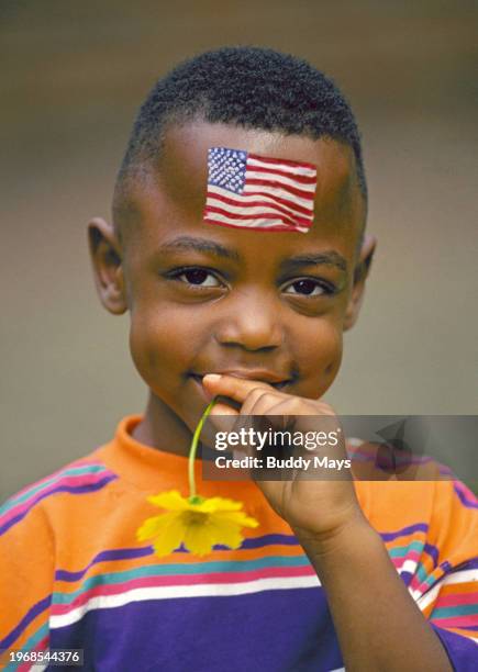 Young African American boy with an American flag painted on his forehead, during a 4th of July Parade in Little Rock, Arkansas, 1995. .