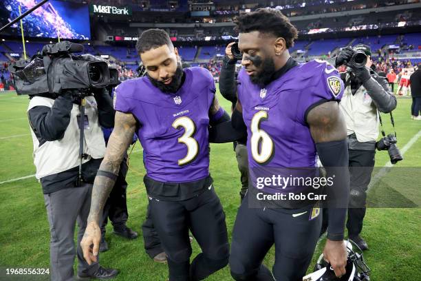 Odell Beckham Jr. #3 and Patrick Queen of the Baltimore Ravens react after a 17-10 defeat against the Kansas City Chiefs in the AFC Championship Game...