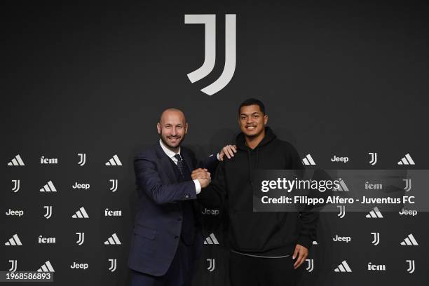 Pedro Felipe and Claudio Chiellini pose at Juventus Center Vinovo on January 30, 2024 in Vinovo, Italy.