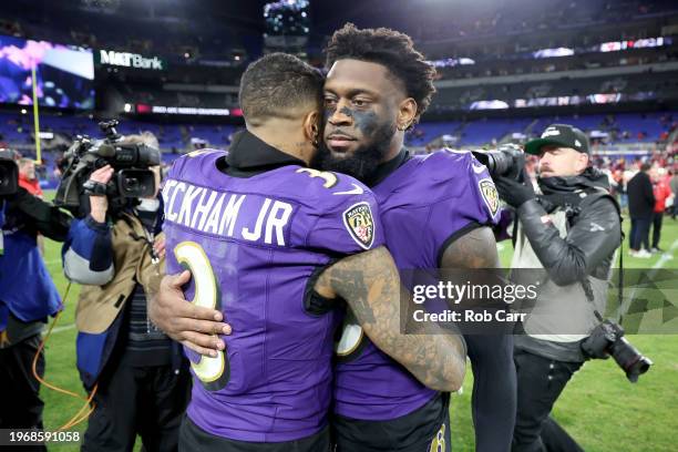 Odell Beckham Jr. #3 and Patrick Queen of the Baltimore Ravens react after a 17-10 defeat against the Kansas City Chiefs in the AFC Championship Game...