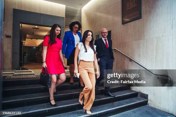 Antoinette Lattouf with her lawyers speaks to media about her wrongful dismissal case at the ABC, outside the Laws Courts Building. January 18th,...