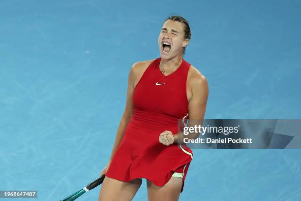 Aryna Sabalenka celebrates winning a point during their Women's Singles Final match against Qinwen Zheng of China during the 2024 Australian Open at...