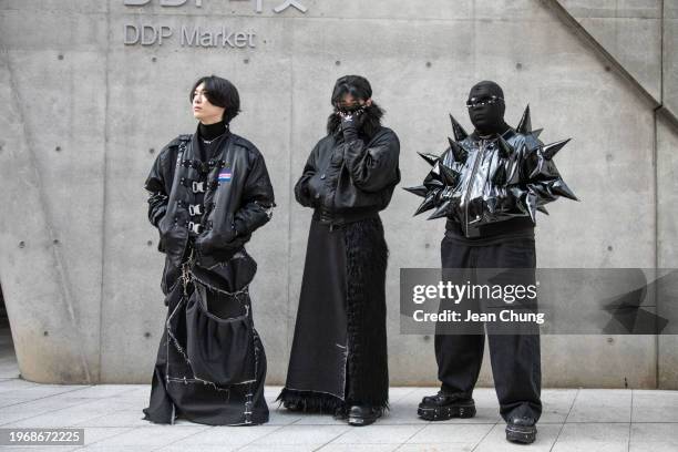 Kim Ji-yu, Lee Ji-woo, and Kang Min-woo, wear Kang's own designed black outfits during Seoul Fashion Week F/W 2024 on February 1, 2024 in Seoul,...