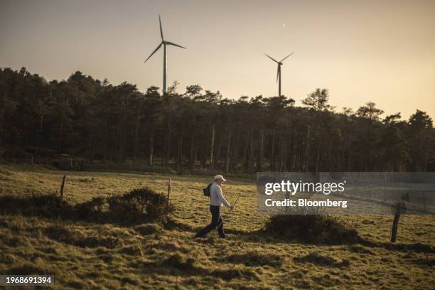 Shepherd walks through agricultural land near wind turbines in the Muras II wind farm, operated by Iberdrola SA, in Muras, Spain, on Wednesday, Jan....