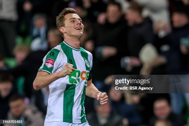 Johan Hove of FC Groningen celebrates after scoring his sides first goal during the Dutch Keuken Kampioen Divisie match between FC Groningen and Jong...