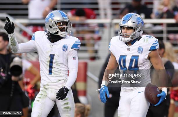 Malcolm Rodriguez of the Detroit Lions celebrates with Cameron Sutton after making an interception during the second quarter against the San...