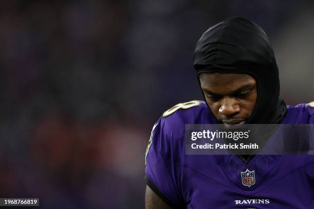 Lamar Jackson of the Baltimore Ravens reacts during the fourth quarter against the Kansas City Chiefs in the AFC Championship Game at M&T Bank...