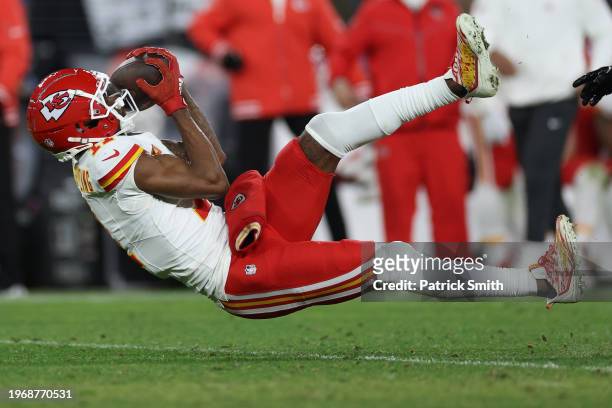 Marquez Valdes-Scantling of the Kansas City Chiefs makes a catch against the Baltimore Ravens during the fourth quarter of the AFC Championship Game...