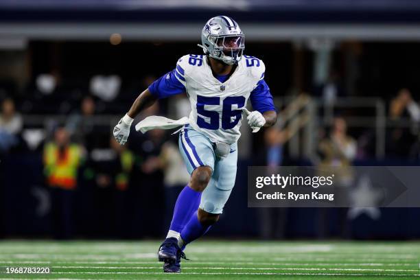 Dante Fowler Jr. #56 of the Dallas Cowboys runs around the edge during an NFL football game against the Seattle Seahawks at AT&T Stadium on November...