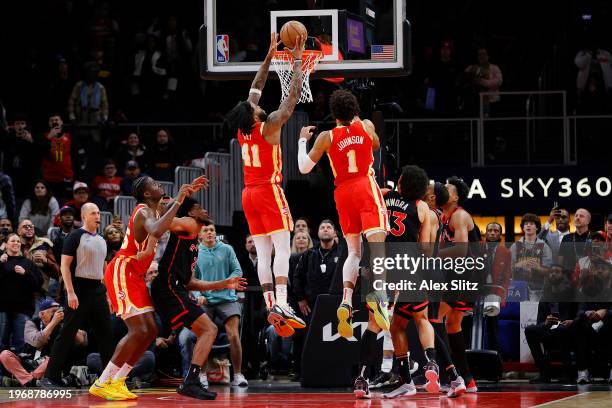 Saddiq Bey of the Atlanta Hawks looks on after scores the game winning shot against the Toronto Raptors during the second half at State Farm Arena on...