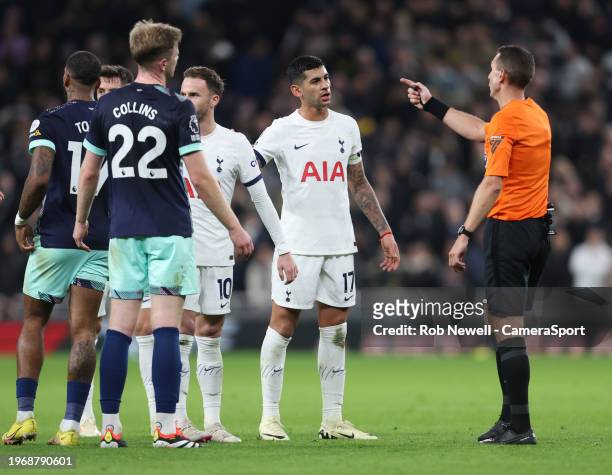 Tottenham Hotspur's Cristian Romero appeals to referee David Coote during the Premier League match between Tottenham Hotspur and Brentford FC at...