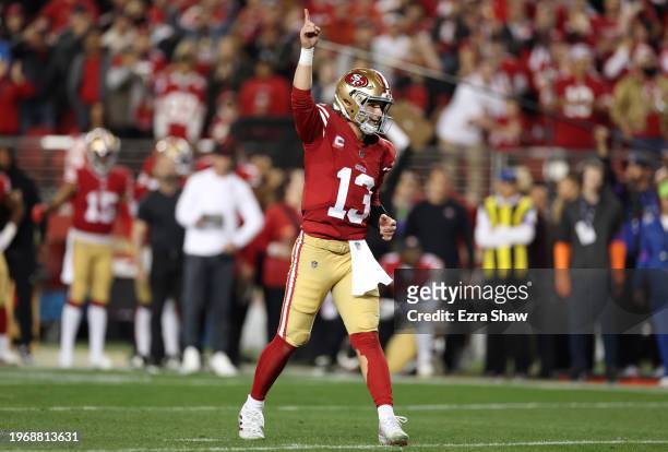 Brock Purdy of the San Francisco 49ers reacts after a touchdown during the third quarter against the Detroit Lions in the NFC Championship Game at...