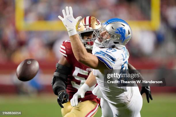 Sam LaPorta of the Detroit Lions is unable to make a catch during the third quarter against the San Francisco 49ers in the NFC Championship Game at...