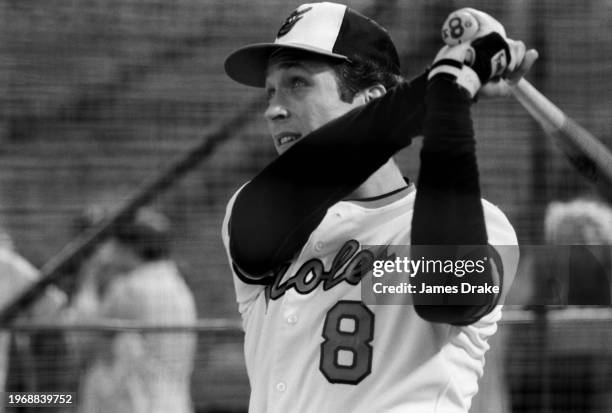 Baltimore Orioles short stop Cal Ripken Jr. Takes a swing during batting practice before Game 2 of the 1983 World Series against the Philadelphia...