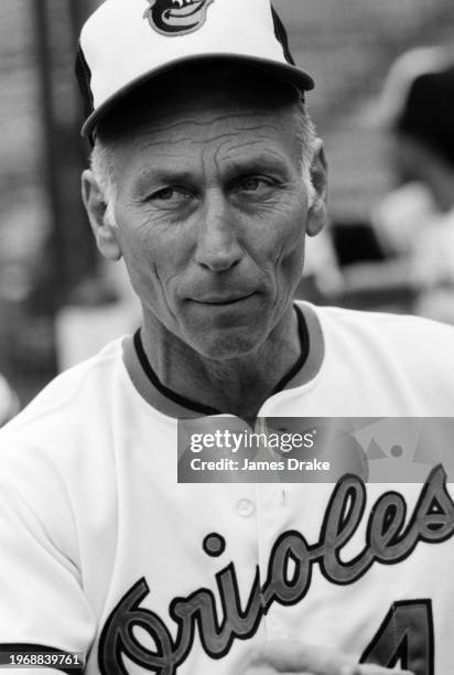 Baltimore Orioles third base coach Cal Ripken Sr. Talks to the press during batting practice before Game 2 of the 1983 World Series against the...
