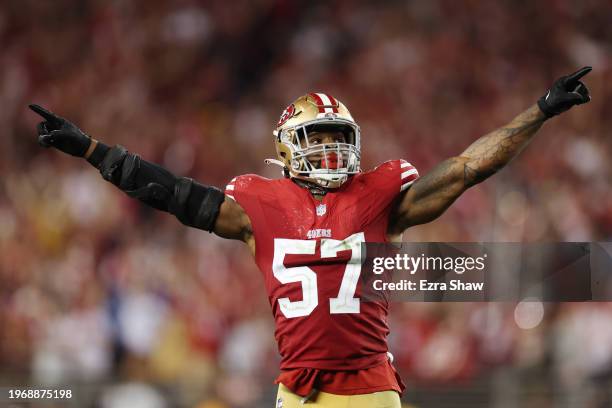 Dre Greenlaw of the San Francisco 49ers celebrates after a stop during the fourth quarter against the Detroit Lions in the NFC Championship Game at...