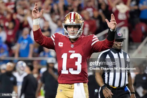 Brock Purdy of the San Francisco 49ers reacts after a touchdown during the fourth quarter against the Detroit Lions in the NFC Championship Game at...