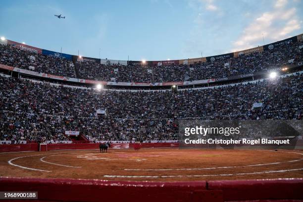 General view of the bullfighting event at Plaza Mexico on January 28, 2024 in Mexico City, Mexico. Bullfighting is allowed in Mexico City once again...