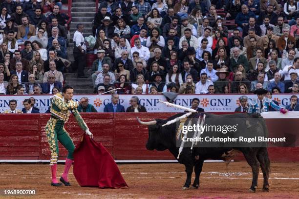 The bullfighter Andres Roca Rey looks to strike the bull during a bullfighting event at Plaza Mexico on January 28, 2024 in Mexico City, Mexico....