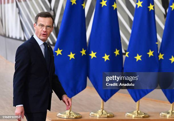 Swedish Prime Minister Ulf Kristersson arrives at the European headquarters to attend the special European Council meeting in Brussels, Belgium on...