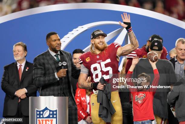 George Kittle of the San Francisco 49ers reacts after defeating the Detroit Lions 34-31 in the NFC Championship Game at Levi's Stadium on January 28,...