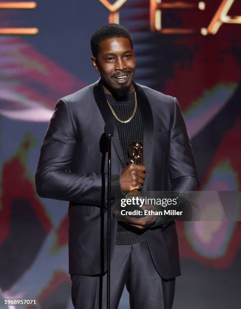Isiah Maxwell accepts the Male Performer of the Year award during the 2024 Adult Video News Awards at Resorts World Las Vegas on January 27, 2024 in...