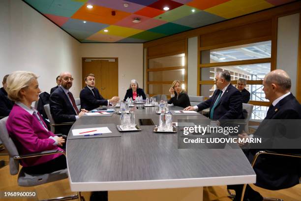 European Commission President Ursula von der Leyen , European Council President Charles Michel, France's President Emmanuel Macron, Italy's Prime...