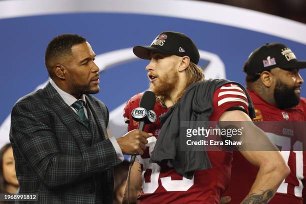 George Kittle of the San Francisco 49ers is interviewed by NFL commentator and former NFL player Michael Strahan after defeating the Detroit Lions...