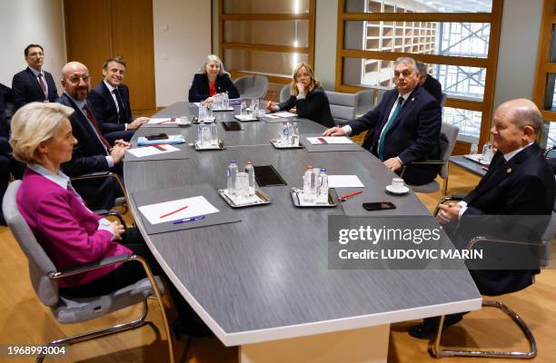 European Commission President Ursula von der Leyen , European Council President Charles Michel, France's President Emmanuel Macron, Italy's Prime...