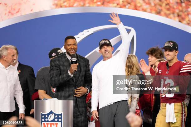 Head coach Kyle Shanahan of the San Francisco 49ers reacts as he is interviewed by NFL commentator and former NFL player Michael Strahan after...