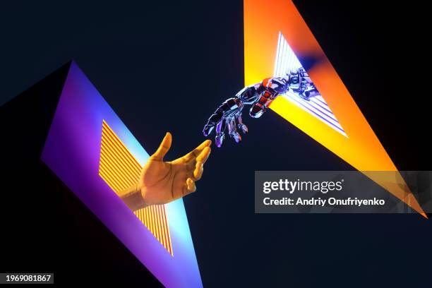 touching robotic arm - cyborg stock-fotos und bilder