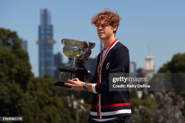 Jannik Sinner of Italy poses with the Norman Brookes Challenge Cup after winning the 2024 Australian Open Final, at Royal Botanic Gardens on January...