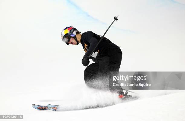Nico Porteous of New Zealand reacts after his final run in the Men's Ski SuperPipe on day 3 of the X Games Aspen 2024 on January 28, 2024 in Aspen,...