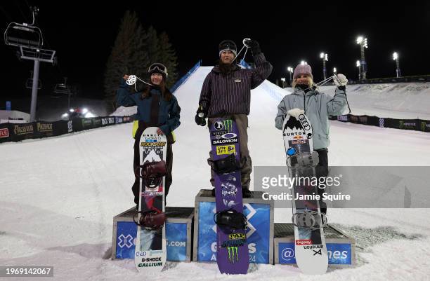 Reira Iwabuchi of Japan , Kokomo Murase of Japan and Anna Gasser of Austria stand on the podium after the Women's Snowboard Big Air final on day 3 of...