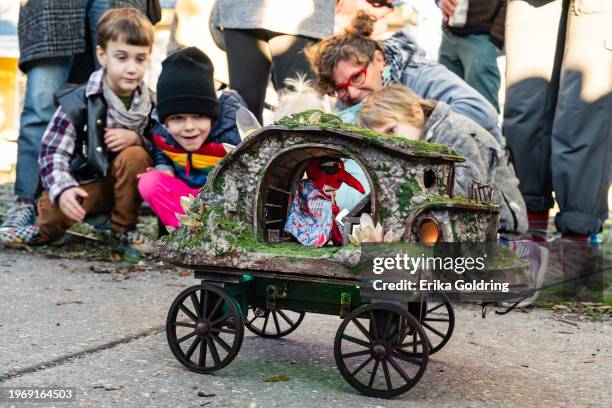 Float is seen at the 2024 'tit Rex parade during 2024 Mardi Gras on January 28, 2024 in New Orleans, Louisiana. The parade, which is in the St. Roch...